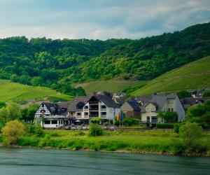 a group of houses next to a river and a mountain at Hotel Sewenig in Müden