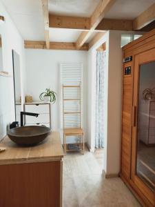 a bathroom with a bowl sink on top of a counter at Hofstede 's Gravenhoek in Wissenkerke