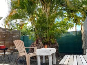 a table and a chair next to a palm tree at Petit Chalet in Baie-Mahault