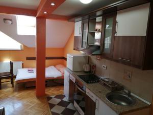 a small room with a sink and a bed at Apartments Bella Mare Belgrade in Belgrade