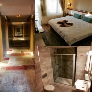 two pictures of a hotel room with a bed and a shower at Iris Hotel in Canakkale