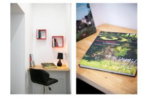 two pictures of a room with a desk and a poster at Corps et graphi(qu)es in Périgueux