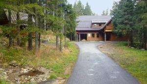 une route menant à une cabane en rondins dans une forêt dans l'établissement Chata Spálená, à Zuberec