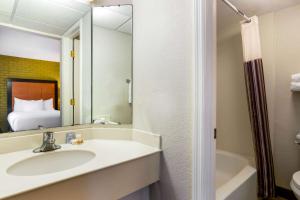 a bathroom with a sink and a mirror and a bed at La Quinta Inn Tampa Airport Stadium Westshore in Tampa