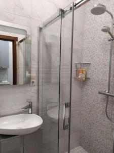 リヴィウにあるRynOK 25 Elite Lviv Centerのバスルーム(洗面台、ガラス張りのシャワー付)