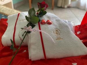 a towel with a flower on it on a table at Afrodite Boutique Hotel in Bovalino Marina