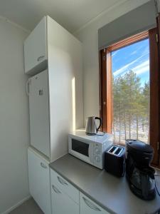 cocina con microondas en una encimera con ventana en Cosy studio apartment - perfect for your stay in Rovaniemi! en Rovaniemi