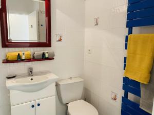 une salle de bain avec toilettes, lavabo et miroir dans l'établissement PORT AN DRO - Studio avec Terrasse, Wifi - UD98, à Carnac