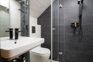 ein Bad mit einem Waschbecken, einem WC und einer Dusche in der Unterkunft Willa Pod Wierchami in Zakopane