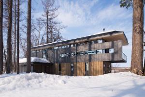 a modern house in the woods in the snow at Hiyoku in Niseko