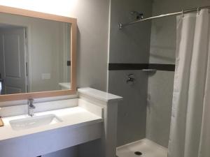 a bathroom with a sink and a mirror and a shower at Cali Inn in Carson