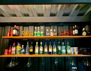 a shelf filled with lots of bottles of alcohol at Refugio Natural Destino Payacal in La Mesa
