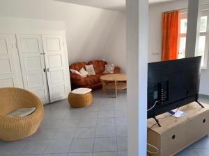 ein Wohnzimmer mit einem Sofa und einem TV in der Unterkunft Ferienwohnungen im Landhaus Wiesenbad in Thermalbad Wiesenbad