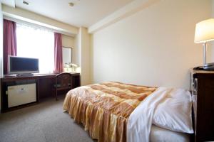 a hotel room with a bed and a television at Hotel Pao in Hiroshima