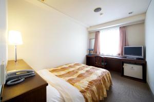 um quarto de hotel com uma cama e uma televisão em Hotel Pao em Hiroshima