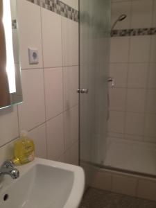 een badkamer met een douche, een toilet en een wastafel bij Gasthaus Römer in Haigerloch