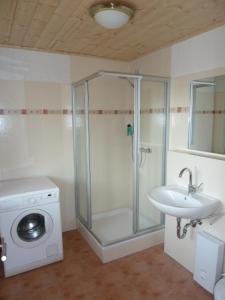 a bathroom with a shower and a sink and a washing machine at Haus Sturmschwalbe in Ummanz +31 photos