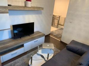 a living room with a couch and a flat screen tv at UsedomTor 1720 FeWo I in Wolgast