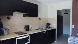 a kitchen with black cabinets and a sink and a microwave at Feel At Home Paris-Montreuil 500m Metro parking privé gratuit in Montreuil