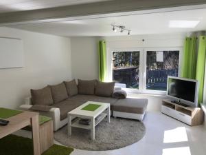 a living room with a couch and a tv at Ferienbungalow Grünbach in Grünbach