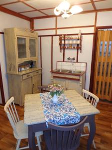 a kitchen with a table with a blue and white table cloth at Nevšední ubytování jako u babičky ve stylu 60.let in Budkovce
