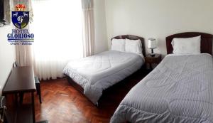 1 dormitorio con 2 camas y ventana en Hotel Glorioso, en Oruro
