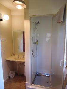 a bathroom with a shower and a sink at Spa Lodge Motel in Hanmer Springs