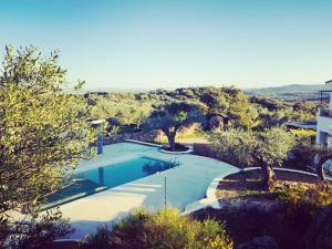 a swimming pool in a yard with trees at Casa Rural Finca Flores Amarillas in Almoharín