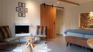 een slaapkamer met een bed, een tv en een stoel bij Inn The Woods - Private Stay in Overberg