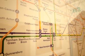 a close up of a subway map at Adria Hotel in London