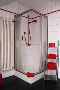 eine Dusche im Bad mit roten und weißen Fliesen in der Unterkunft Ferienwohnungen Haus Albert in Großheubach