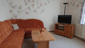 a living room with a couch and a table with a tv at Haus Hasenmüller in Schmiedefeld am Rennsteig