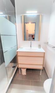 ein Bad mit einem Waschbecken und einem Spiegel in der Unterkunft Le Soleillades - Plage, piscine, parking! in Palavas-les-Flots