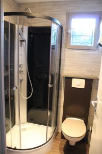 een badkamer met een toilet en een glazen douche bij Maison du Lavoir Disneyland in Bailly-Romainvilliers