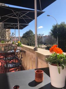 a table with orange flowers and an umbrella on a patio at Hôtel & Espace Bien-être La Maison du Lierre in Biarritz