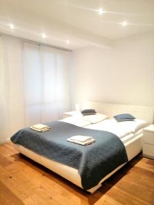 ウィーンにあるApartments Spittelberg Gardegasseのベッドルーム(白い大型ベッド、青い毛布付)