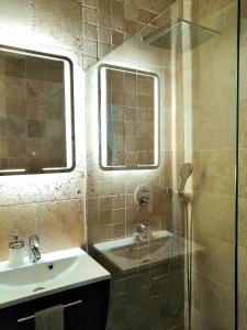 a bathroom with a shower and a sink and a mirror at Ferienwohnungen Spittelberg Schrankgasse in Vienna