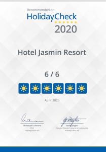 Certifikát, hodnocení, plakát nebo jiný dokument vystavený v ubytování Jasmin Resort - SHA Plus