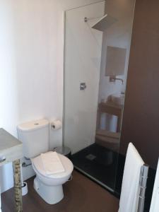 a bathroom with a toilet and a sink and a shower at Sao Vicente Lodge - Atlantic Retreat in São Vicente Ferreira