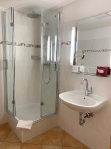 a bathroom with a sink and a shower at Seehotel Schäpfle in Überlingen