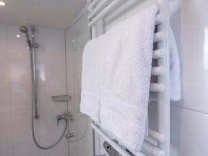 ein Handtuch, das auf einem Handtuchhalter im Bad hängt in der Unterkunft Haus Nickels in Helgoland