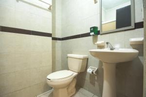 La salle de bains est pourvue de toilettes, d'un lavabo et d'un miroir. dans l'établissement Hotel Maria Elena, à Ciudad Madero