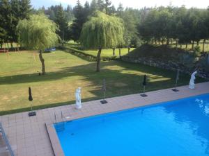 einen Pool in einem Park mit Bäumen und einem Feld in der Unterkunft Hotel Elite in Crans-Montana