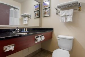 a bathroom with a toilet and a sink and a mirror at Comfort Inn & Suites Levis / Rive Sud Quebec city in Lévis