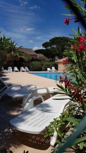 um par de espreguiçadeiras ao lado de uma piscina em Mes maisons à la Pinède em Sainte-Maxime