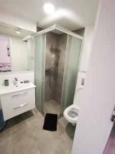 ブワディスワボボにあるDom Goscinny Ewaのバスルーム(シャワー、洗面台、トイレ付)