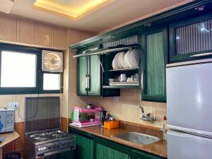 a kitchen with green cabinets and a sink at Seaside Two-Bedroom Chalet Sidi Krir in Sidi Krir 