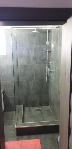 y baño con ducha y puerta de cristal. en Guest House Andrei en Cluj-Napoca