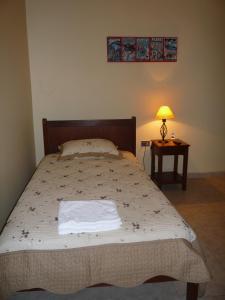 a bedroom with a bed and a lamp and a table at Le Petit Clos in Arica