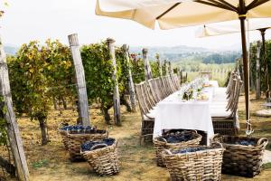 een lange tafel in een wijngaard met stoelen en een paraplu bij Villa La Madonna in Monastero Bormida